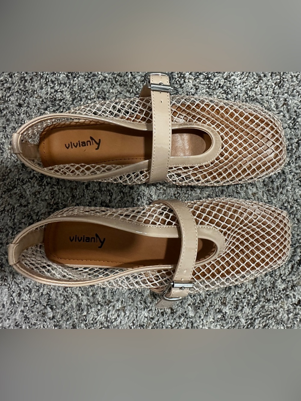 Vivianly Beige Mesh Mary Jane Flats with Buckle Strap